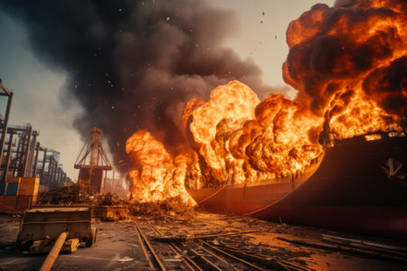 burning cargo ship with containers in the seaport generative ai.の素材