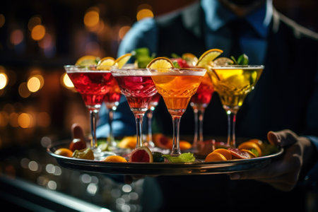 waiter serving cocktails on a tray generative ai.の素材