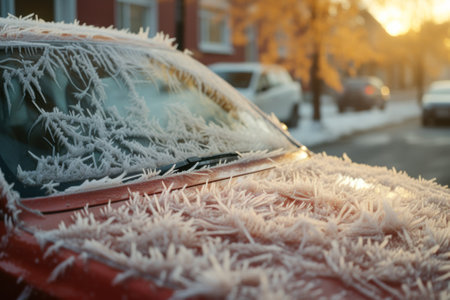 cold winter weather, frost on the car generative ai.の素材