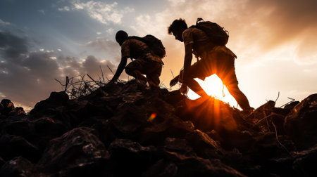2 people climb in mountain survival in the wild nature generative ai.の素材