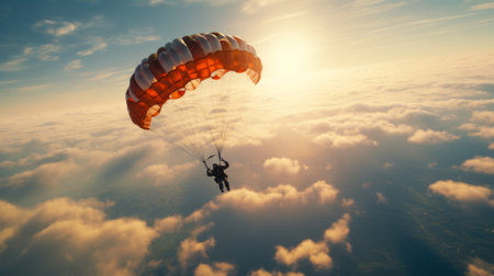 skydiver flies over the clouds against the bright background of the evening sun generative ai.の素材