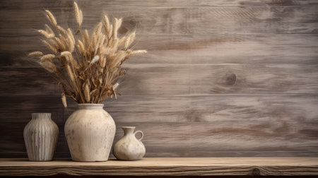 background with ears of wheat in clay pots vase generative ai.の素材
