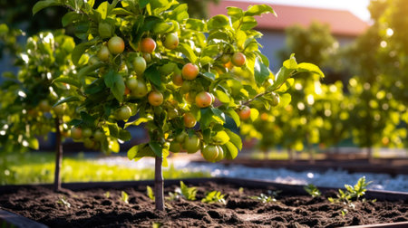 dwarf apple trees in the green summer garden generative ai.の素材