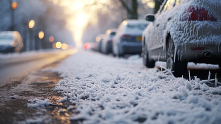 snowy road and car in hoarfrost generative ai.の素材
