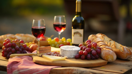 festive table with tasty wine and appetizers on French grape plantations generative ai.の素材