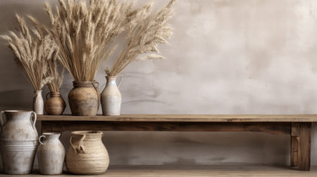 background with ears of wheat in clay pots vase generative ai.の素材