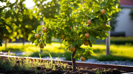 dwarf apple trees in the green summer garden generative ai.の素材