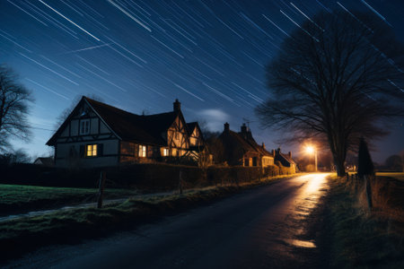 village on night starry sky glowing road landscape on shutter speed generative ai.の素材