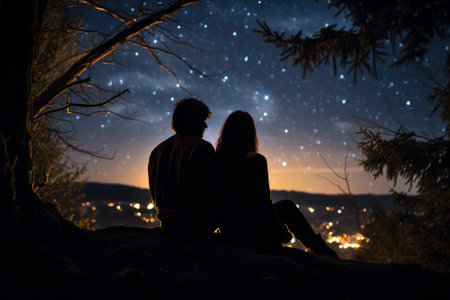 couple in love admiring the night stars, romantic atmosphere generative ai.の素材