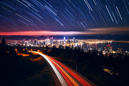 city night glowing road landscape on shutter speed generative ai.の素材