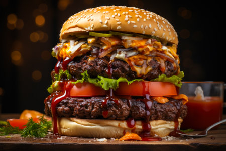 big juicy meat burger with fresh vegetables generative ai.の素材