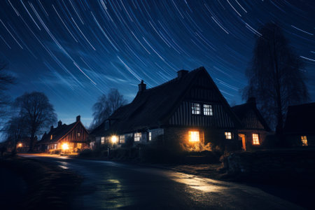 village on night starry sky glowing road landscape on shutter speed generative ai.の素材