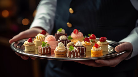 close-up of the waiter's hands holding a tray with assorted desserts generative ai.の素材