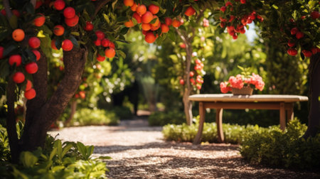 apple orchard with a bench generative ai.の素材