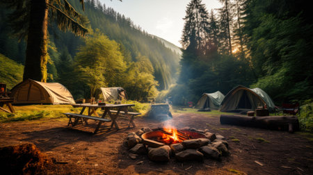 campground with cozy campfire in the campsite in the forest, outdoor recreation concept generative ai.の素材