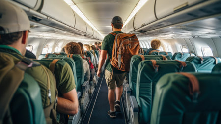 traveler in the cabin of a passenger plane, boarding an airplane generative ai.の素材
