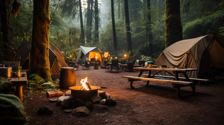 campground with cozy campfire in the campsite in the forest, outdoor recreation concept generative ai.の素材