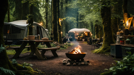 campground with cozy campfire in the campsite in the forest, outdoor recreation concept generative ai.の素材