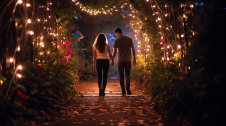 couple of lovers walking in the garden with garlands, back view, romantic atmosphere generative ai.の素材