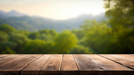 nature wooden display table mockup for product advertising copy space generative ai.の素材
