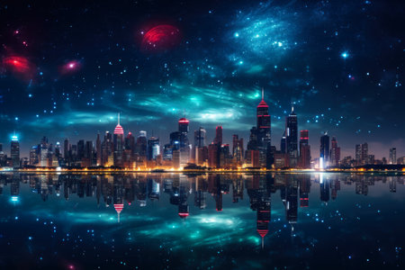 glowing cityscape night modern city with high buildings generative ai.の素材