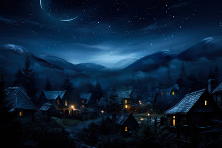 glowing houses in night village generative ai.の素材