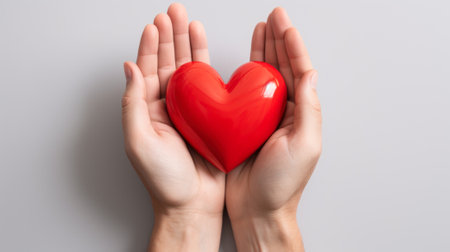 close-up of hands holding a big red heart in the palms generative ai.の素材