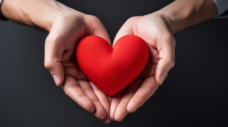 close-up of hands holding a big red heart in the palms generative ai.の素材