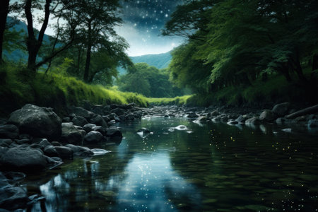 evening river bank with stones generative ai.の素材