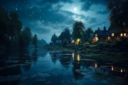 fairy night river in the village generative ai.の素材