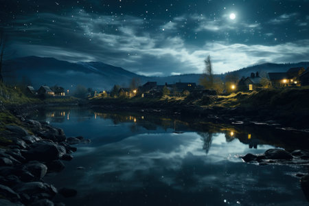fairy night river in the village generative ai.の素材