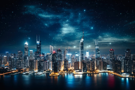 glowing cityscape night modern city with high buildings generative ai.の素材