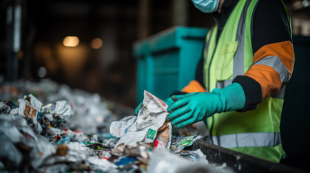 close-up of a worker's hands in rubber gloves sorting waste at the factory generative ai.の素材