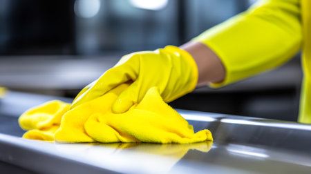 close-up of female hands in rubber gloves wipes the surface in the house with a rag generative ai.の素材