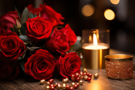 red roses and a glass of champagne date with a girl generative ai.の素材