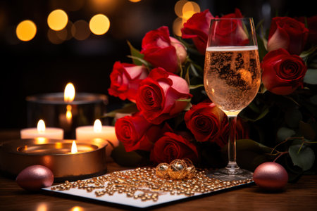 red roses and a glass of champagne date with a girl generative ai.の素材
