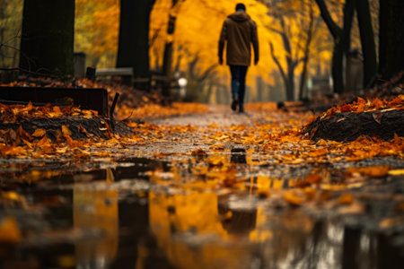 a man walks through an autumn park with golden foliage after the rain generative ai.の素材