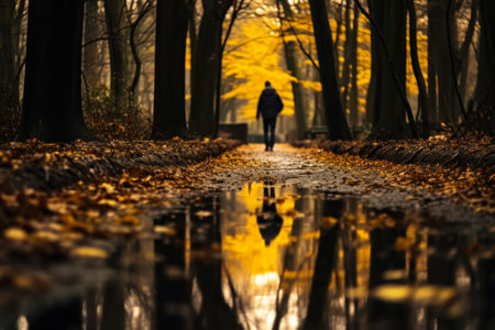 a man walks through an autumn park with golden foliage after the rain generative ai.の素材