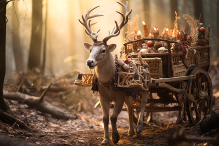 deer carrying a cart with Christmas gifts generative ai.の素材