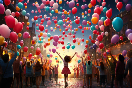 girl among balloons, people celebrate people celebrating on the street happy day generative ai.の素材