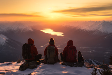 friends on top of the rocks admiring the sunset generative ai.の素材