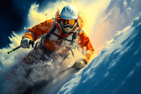 a snowboarder slides down a snowy mountain on a snowboard generative ai.の素材