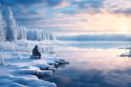 fisherman on the bank of a winter river generative ai.の素材