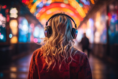 girl in headphones in the evening city back view generative ai.の素材