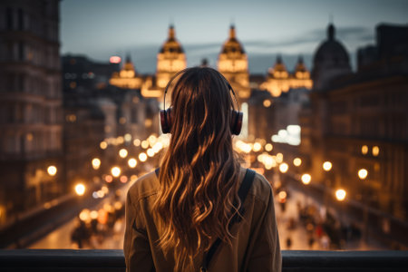 girl in headphones in the evening city back view generative ai.の素材