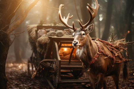 deer carrying a cart with Christmas gifts generative ai.の素材
