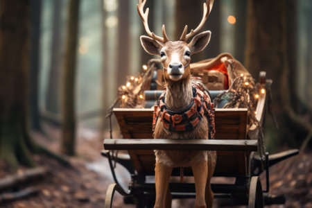deer carrying a cart with Christmas gifts generative ai.の素材