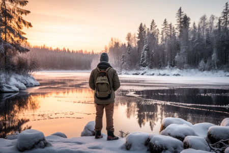 a man on the bank admires the winter river generative ai.の素材