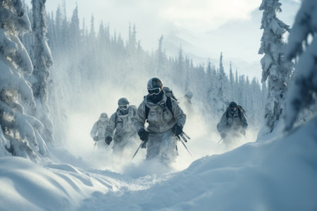 skiers search for lost tourists in a snowy forest generative ai.の素材