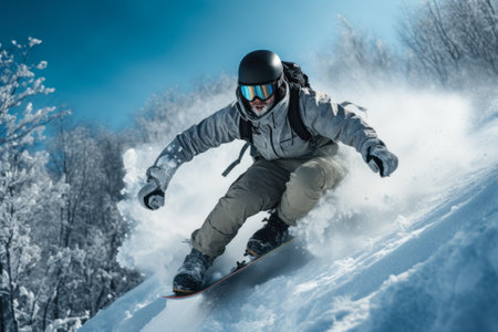 athlete snowboarding in snow forest generative ai.の素材